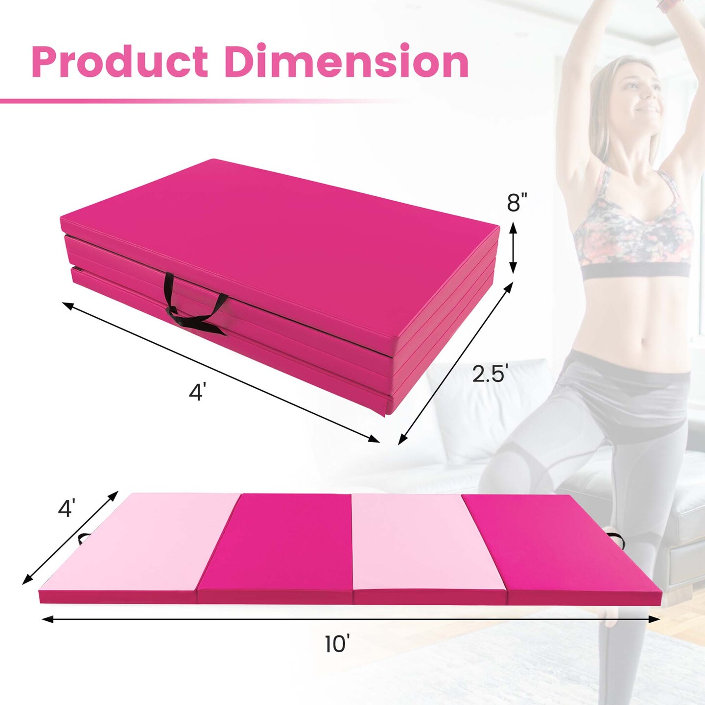 Costway 10' x 4' x 2" 4-Panel Folding Exercise Mat with Carrying Handles for Gym Yoga Black/Blue/Navy/Colorful/Pink&Blue/Pink/Light Pink/Navy