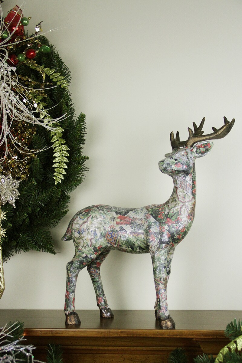 Gallerie II 19" Victorian Holly Berry Decoupage Stag Deer Reindeer with Turned Head Table Top Decoration