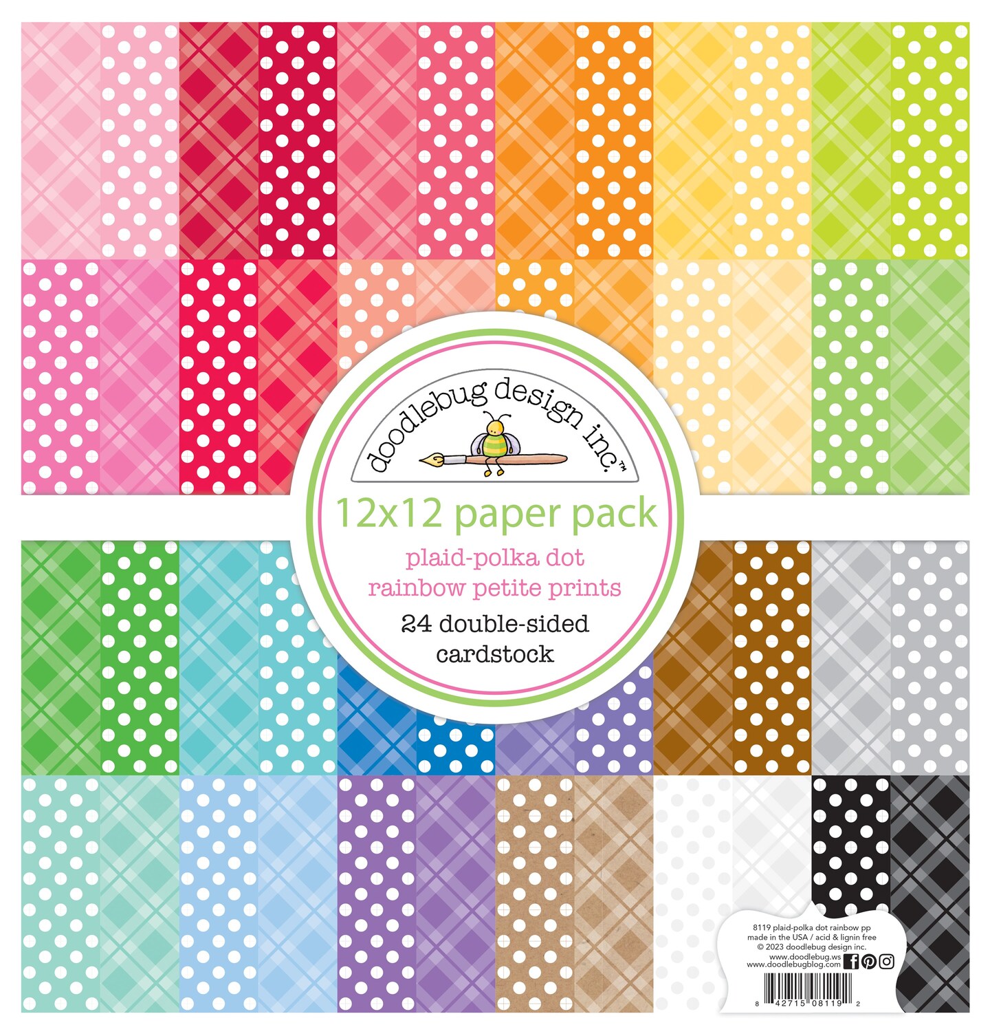 Doodlebug Petite Prints Double-Sided Cardstock 12"X12" 24/Pk-Plaid-Polka Dot