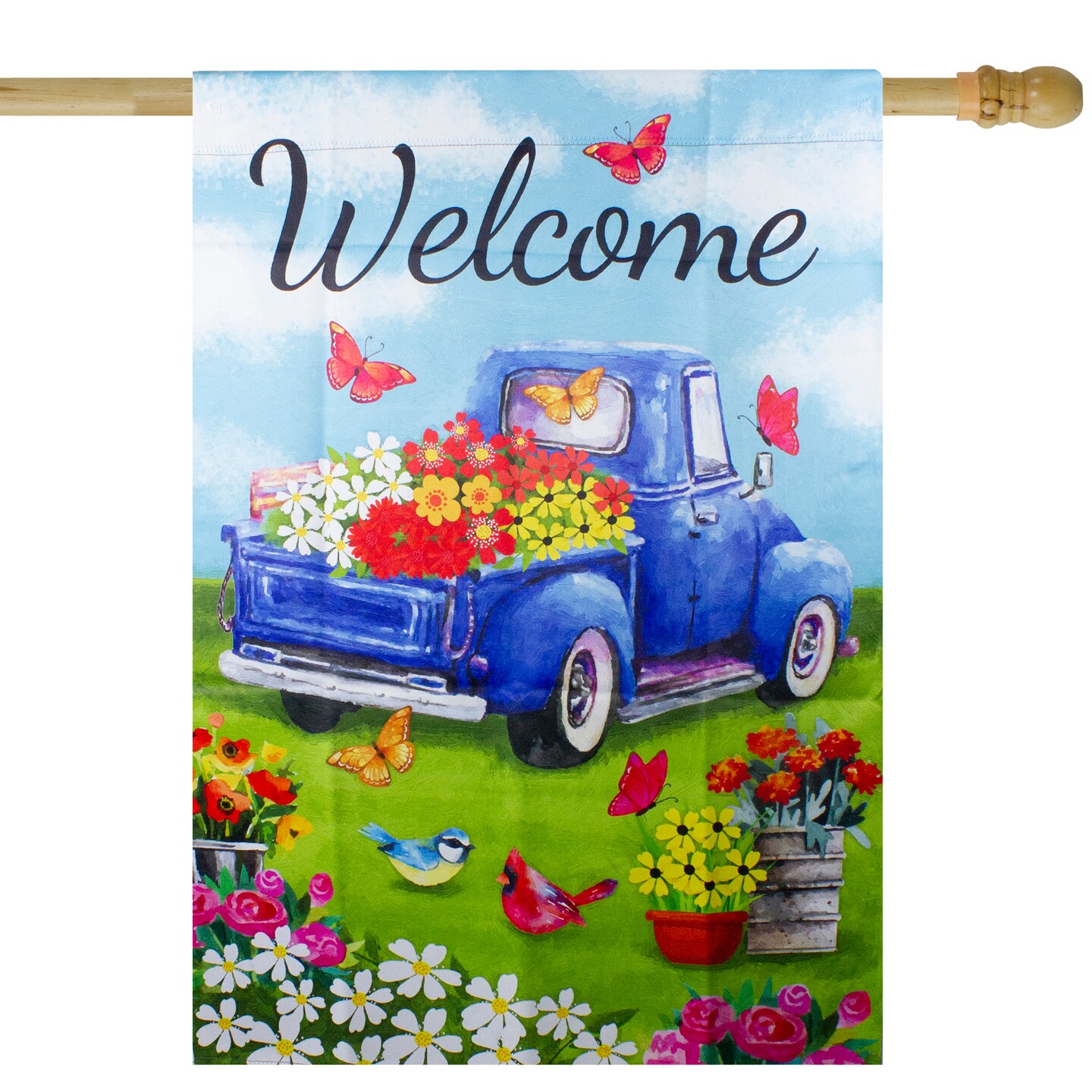 Northlight Welcome Blue Pickup Truck with Flowers Outdoor House Flag 28&#x22; x 40&#x22;