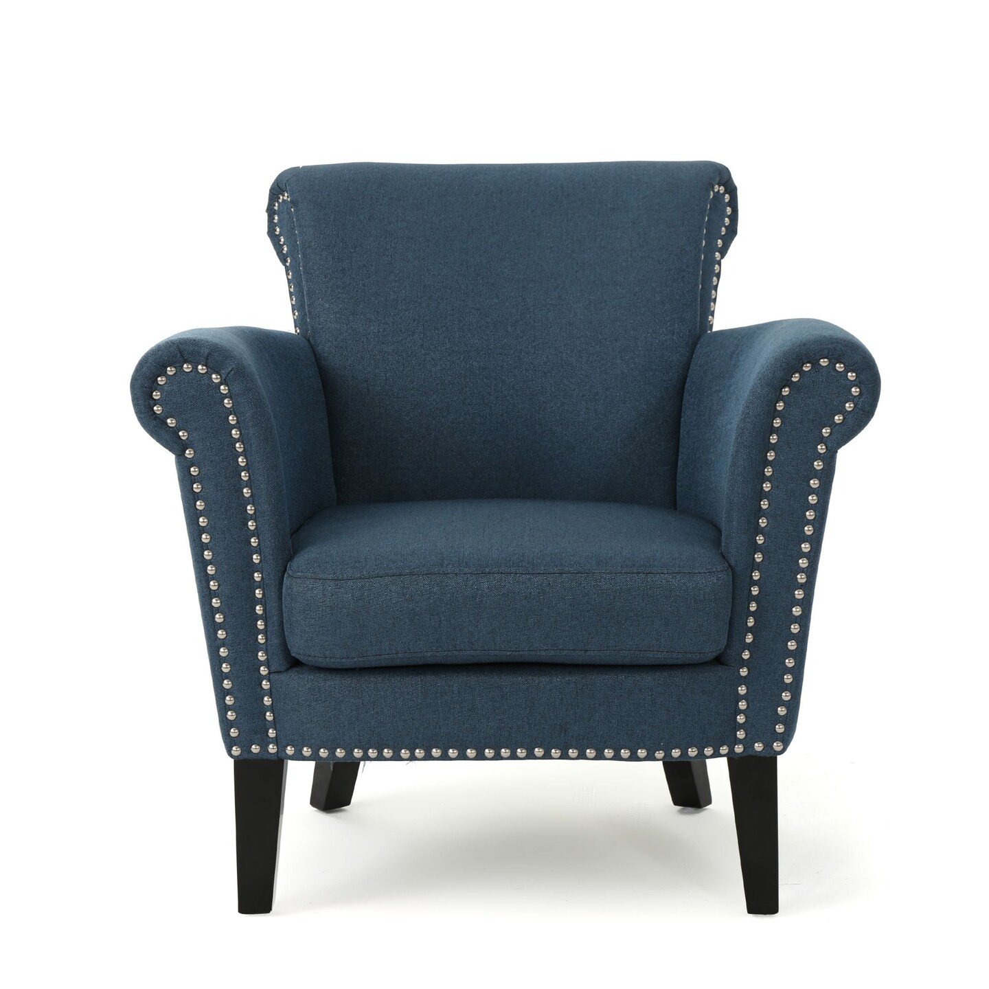 Contemporary Home Living 31.50&#x22; Navy Blue and Brown Contemporary Scroll Arm Studded Club Chair