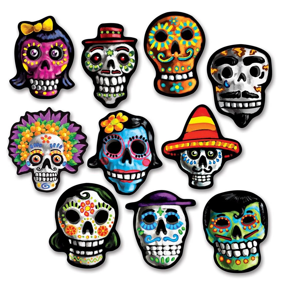 Beistle Club Pack of 240 Vibrantly Colored Day Of The Dead Mini Skull Head Cutouts Decoration 4.75&#x22;
