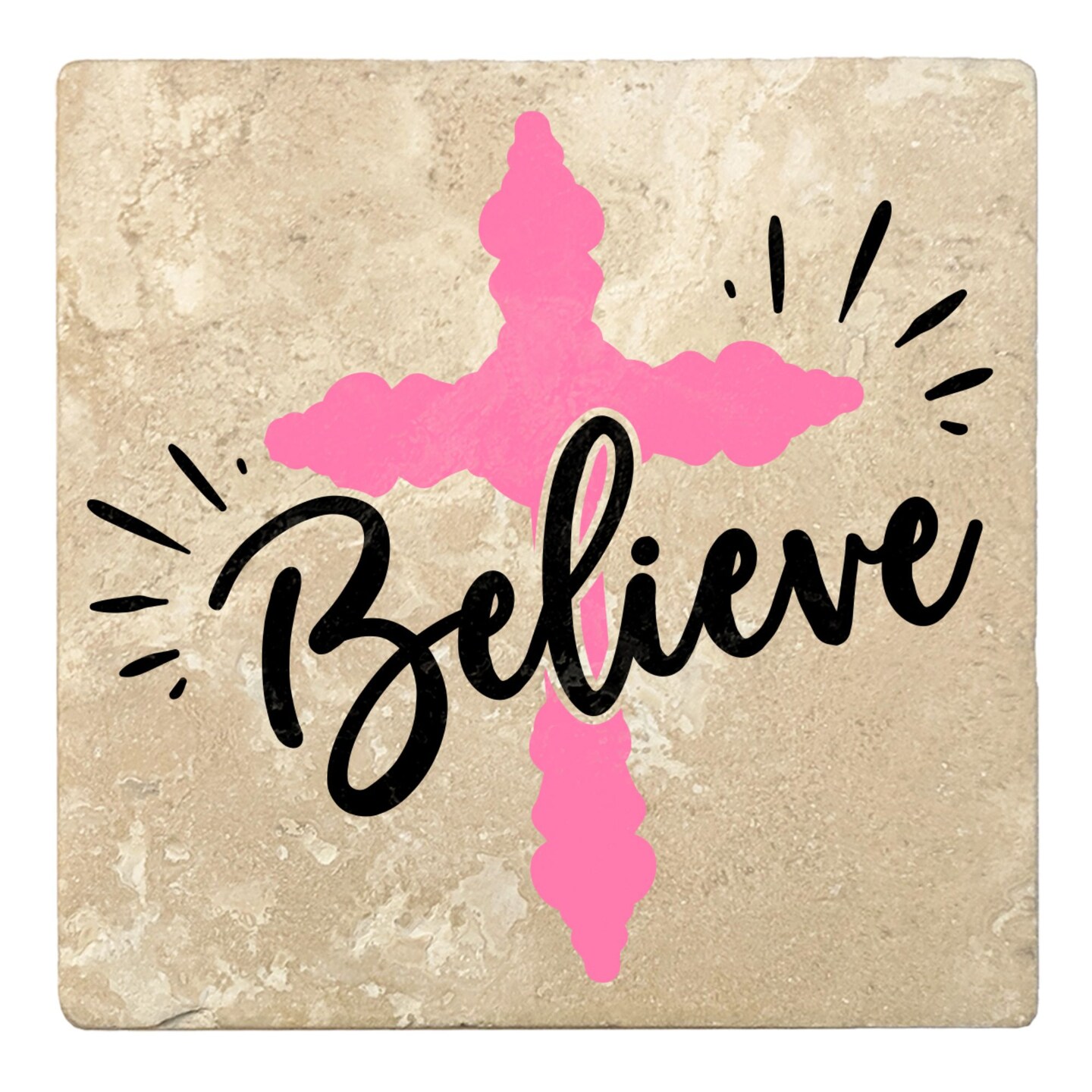 Christmas by Krebs Set of 4 Beige and Pink "Believe" Square Religious