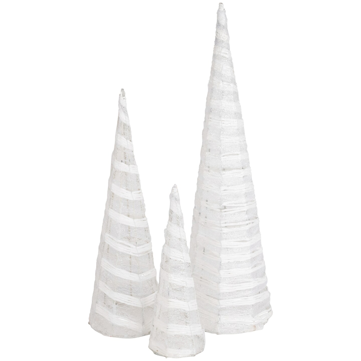 Northlight Glittered Cone Tree Christmas Decoration - 23.5 - White and Silver - Set of 3