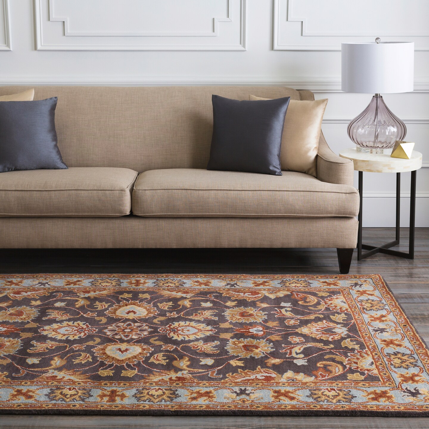 Tiwari Home 6' x 6' Brown and Beige Oriential Floral Hand Tufted Square Wool Area Throw Rug