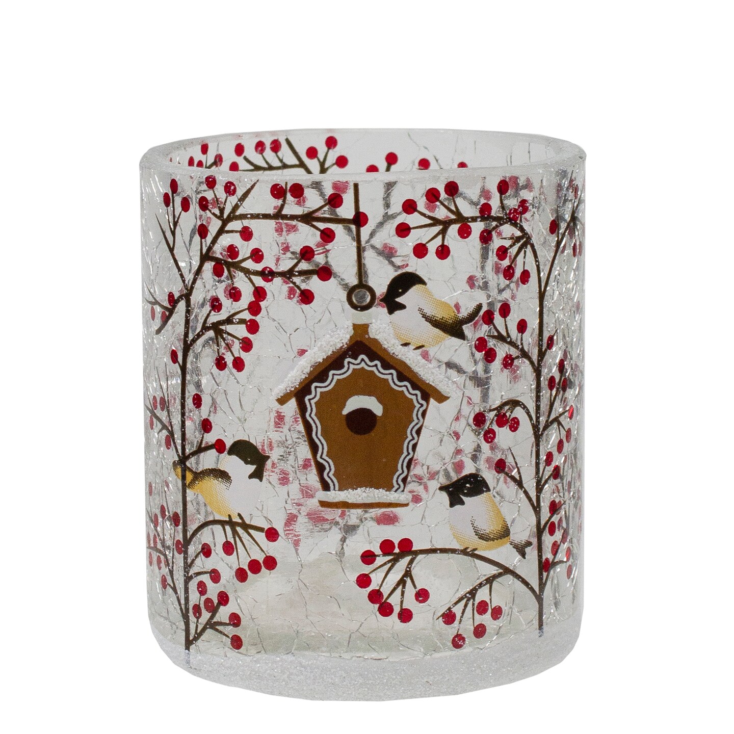 Northlight 3&#x22; Hand Painted Sparrows and Berries Flameless Glass Christmas Candle Holder