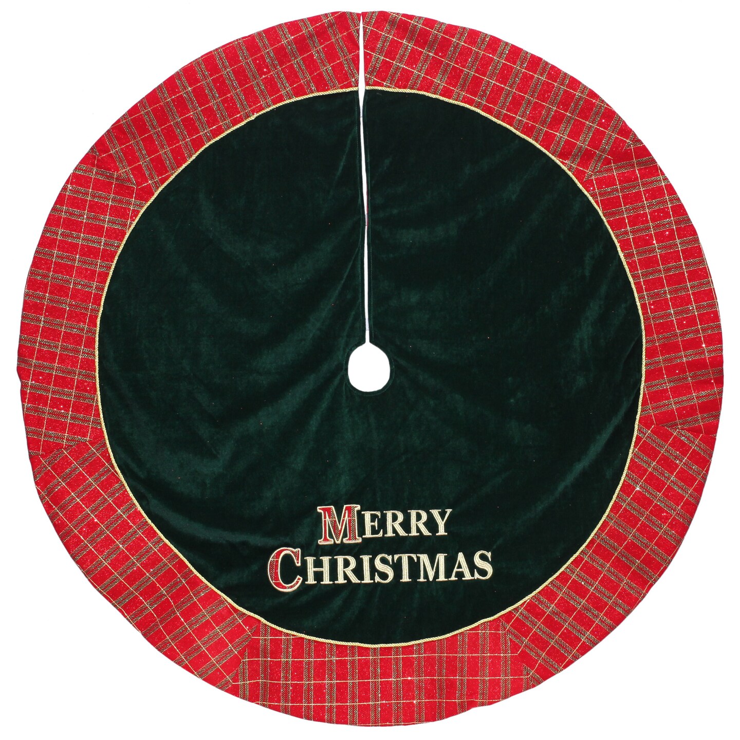Dyno 48&#x22; Red and Green &#x27;MERRY CHRISTMAS&#x27; Plaid Christmas Tree Skirt