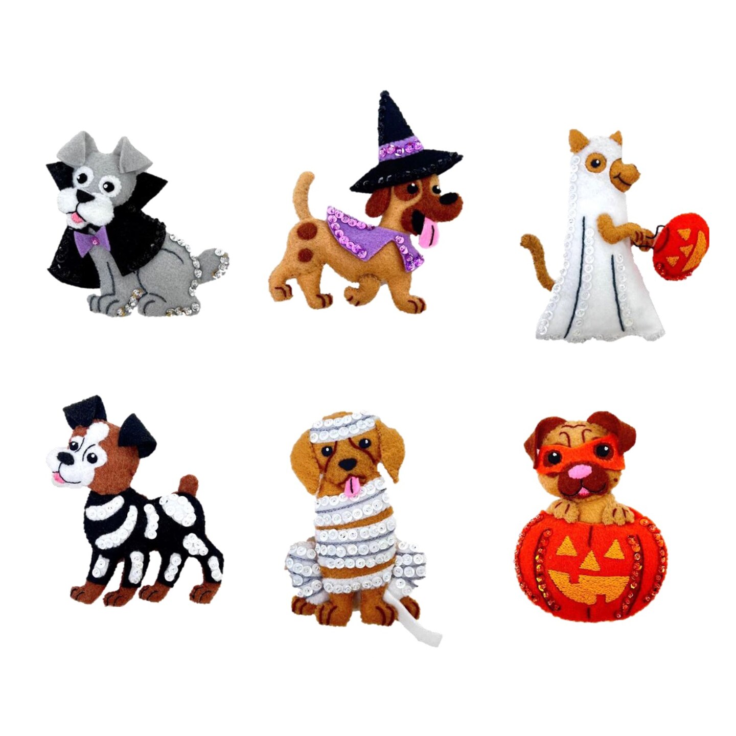 Bucilla Felt Ornaments Applique Kit Set Of 6-Trick Or Treat Puppies