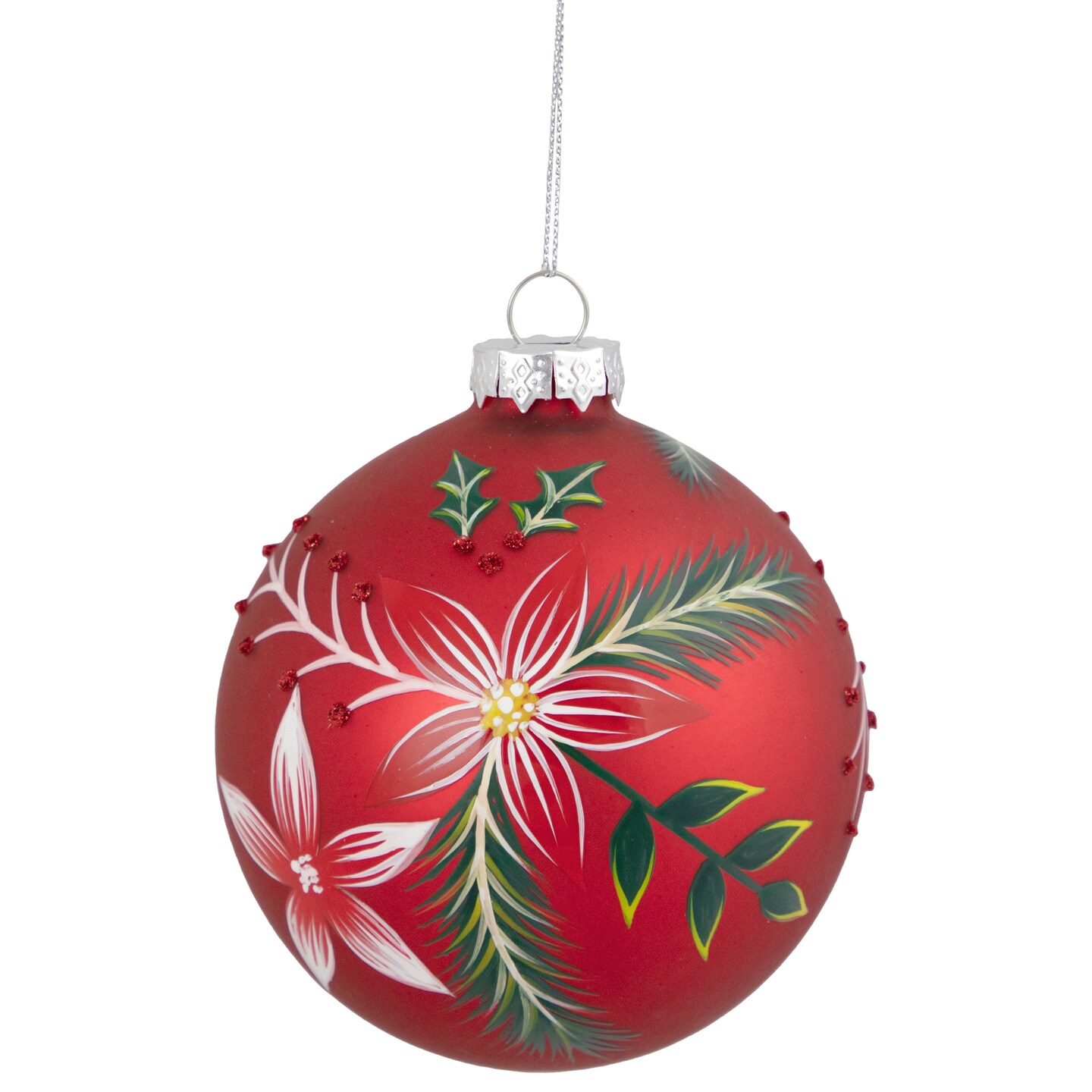 Northlight Poinsettia and Holly Glass Christmas Ball Ornament - 4&#x22; - Red
