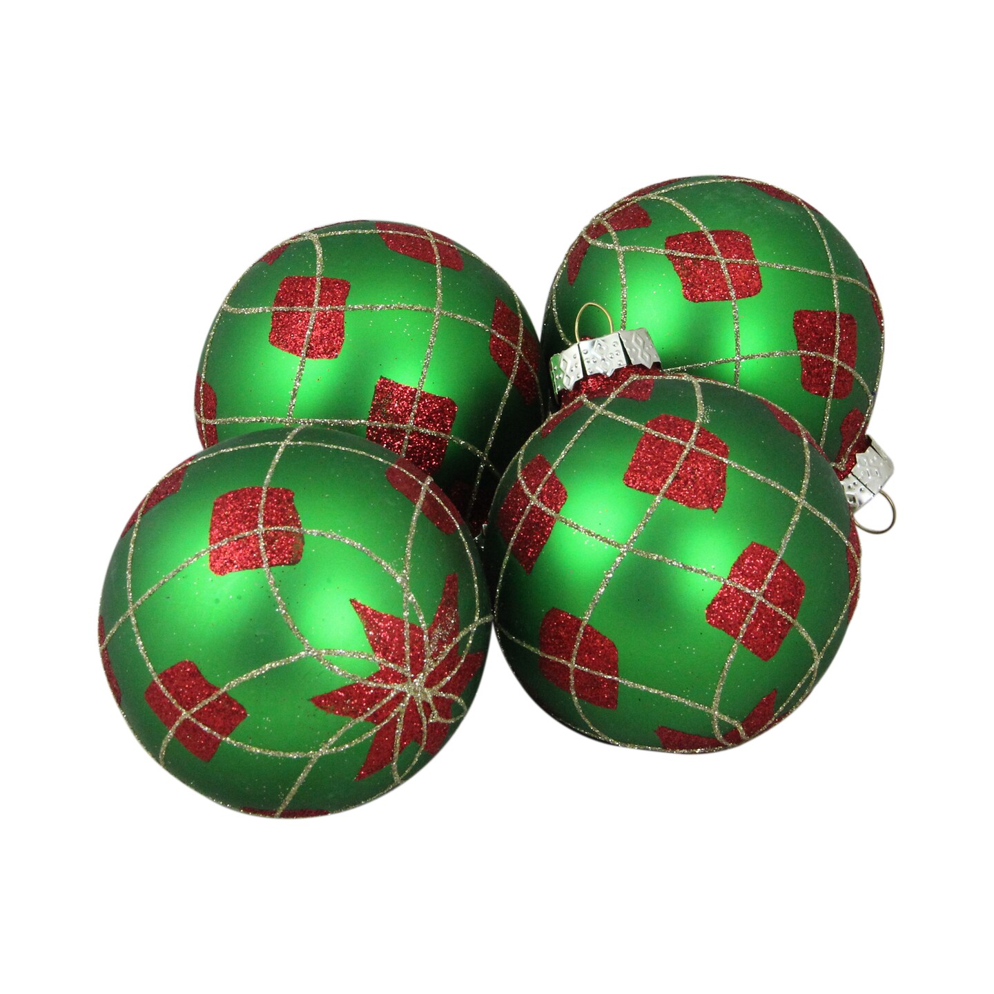 Northlight Glittered Argyle Christmas Glass Ball Ornaments - 3.25&#x22; (80mm) - Green and Red - 4ct