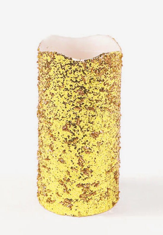 Melrose 8&#x22; Gold Glittered Battery Operated Flameless LED Wax Christmas Pillar Candle