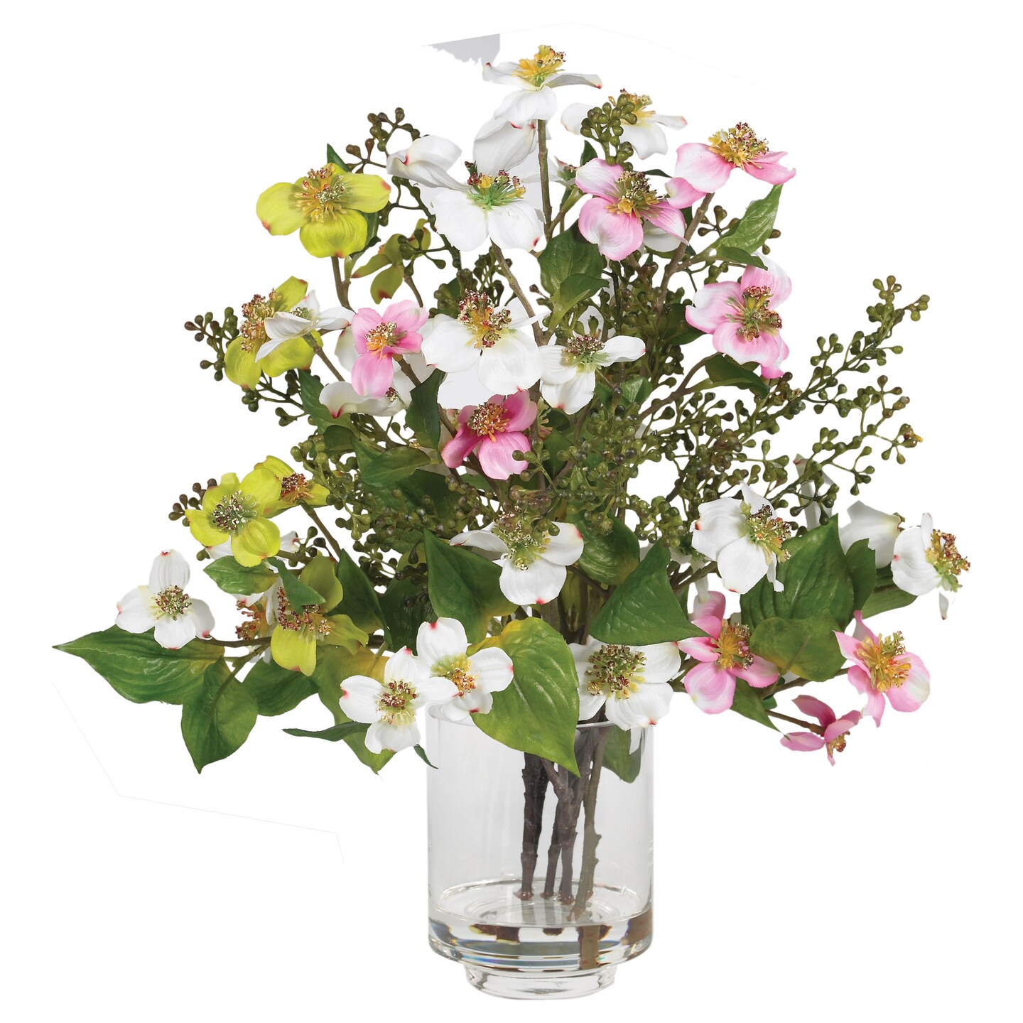 Nearly Natural 15" Dogwood Silk Artificial Flower Arrangement with Glass Vase