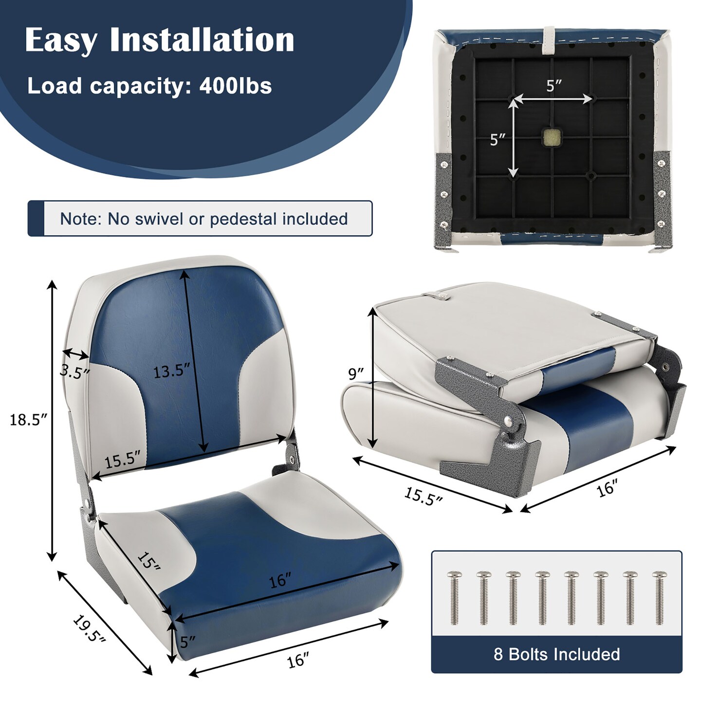Costway 2-Piece Folding Boat Seat Set with Sponge Padding &#x26; Aluminum Hinges Low Back Blue