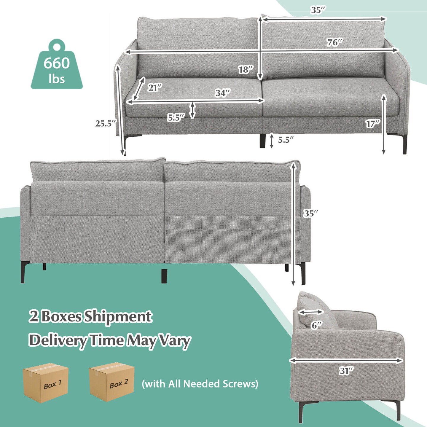 Modern 76 Inch Loveseat Sofa Couch for Apartment Dorm with Metal Legs-Grey
