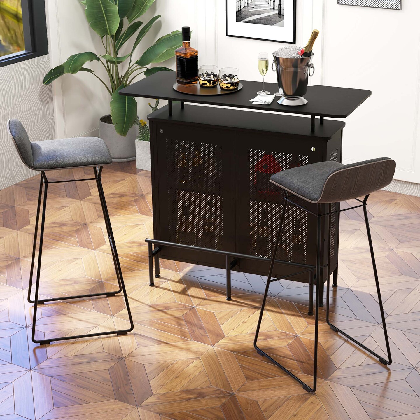 Costway 4-Tier Metal Home Bar Unit Liquor Bar Table with Storage Shelves &#x26; 6 Glass Holders
