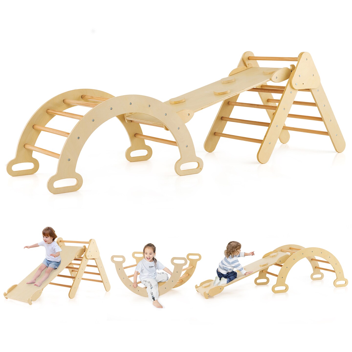 Costway 3-in-1 Kids Climber Set Toddler Wooden Play Arch with Sliding and Climbing Ramp