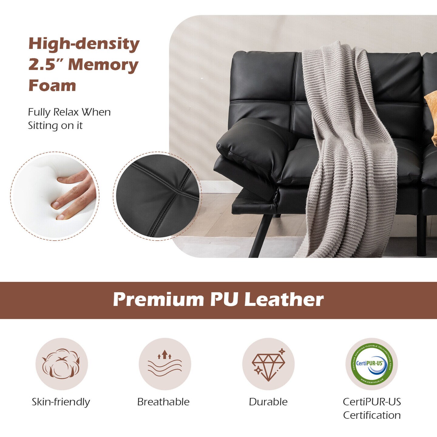 Convertible Memory Foam Futon Sofa Bed with Adjustable Armrest