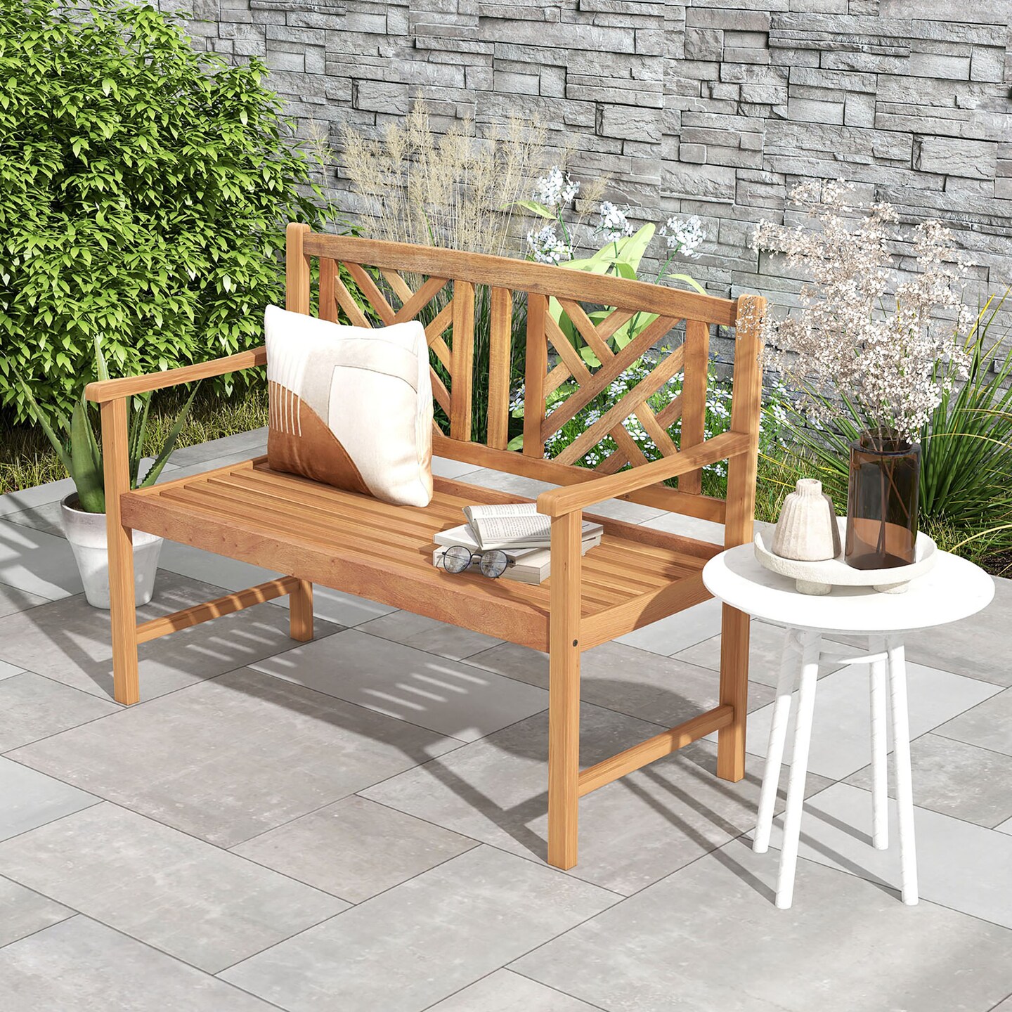 Costway Patio Acacia Wood 2-Person Slatted Bench Outdoor Loveseat Chair Garden Natural