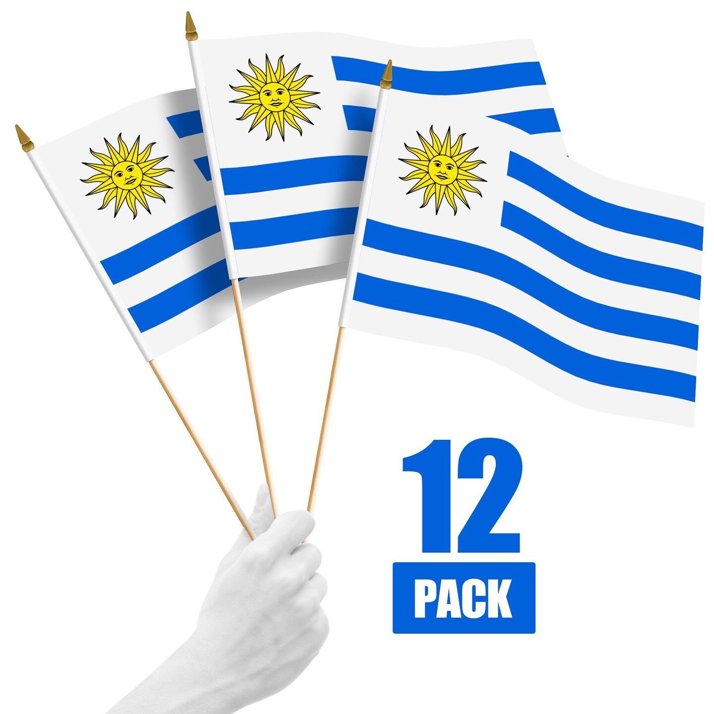 G128 12 Pack Handheld Uruguay Uruguayan Stick Flags | 12x18 In | Printed 150D Polyester, Country Flag, Solid Wooden Stick, Spear Gold Tip