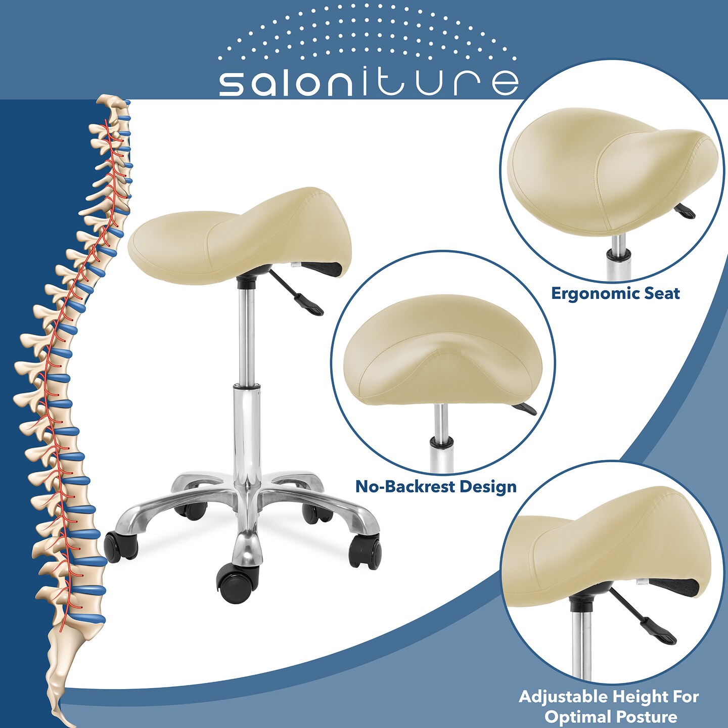 Saloniture Professional Ergonomic Saddle Stool - Adjustable Hydraulic Seat, Rolling Spa Salon, Massage, and Medical Office Chair with Swivel Wheels