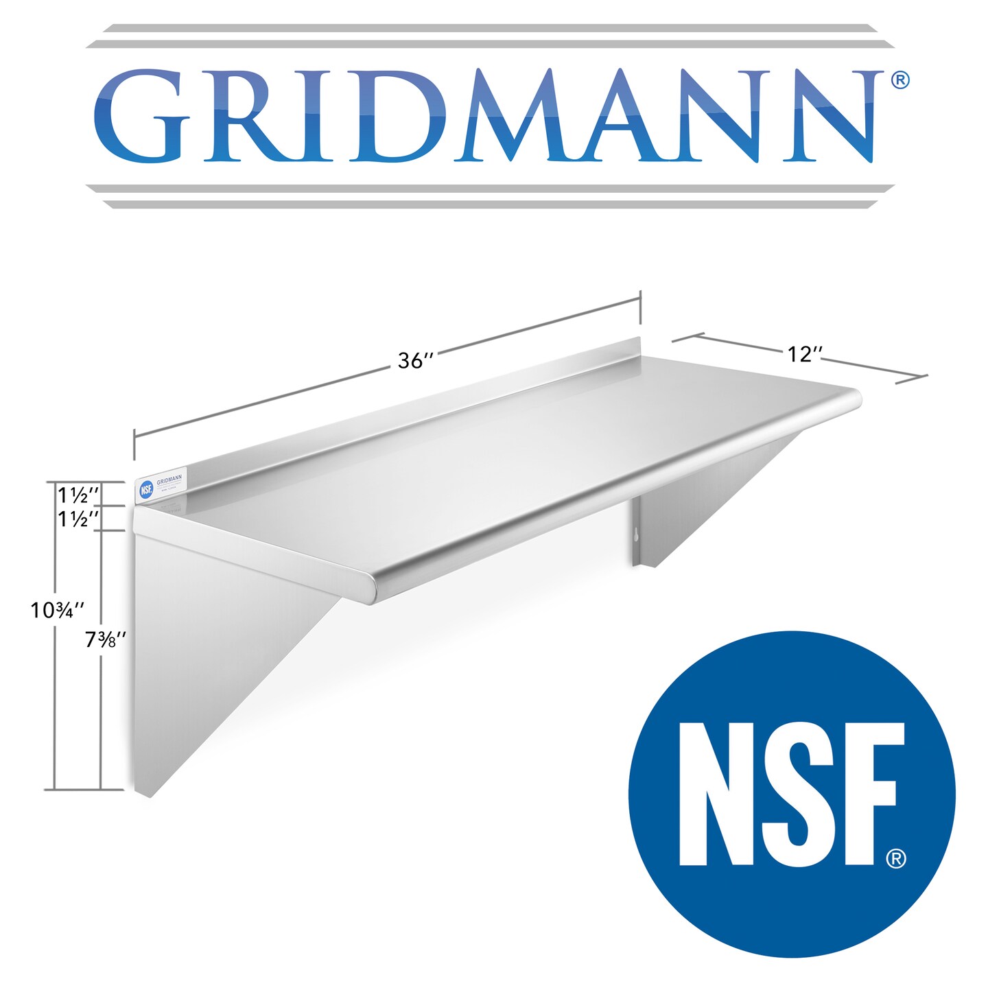 GRIDMANN NSF Stainless Steel 12" Deep Kitchen Wall Mount Shelves for Commercial Restaurant Bar w/ Backsplash