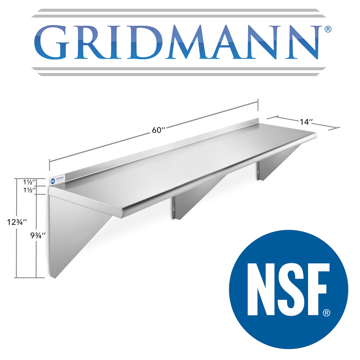 GRIDMANN NSF Stainless Steel 14&#x22; Deep Kitchen Wall Mount Shelves for Commercial Restaurant Bar w/ Backsplash
