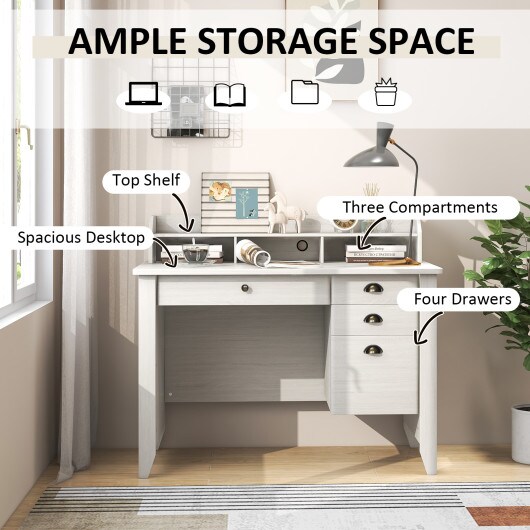 Modern Computer Desk with Storage Shelves and 4 Drawers