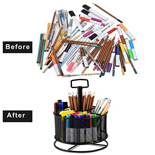 360-Degree Rotating Multi-Functional Pen Holder, 4 Compartments Desktop Stationary Organizer, Home Office Art Supply Storage Box Caddy (Black)