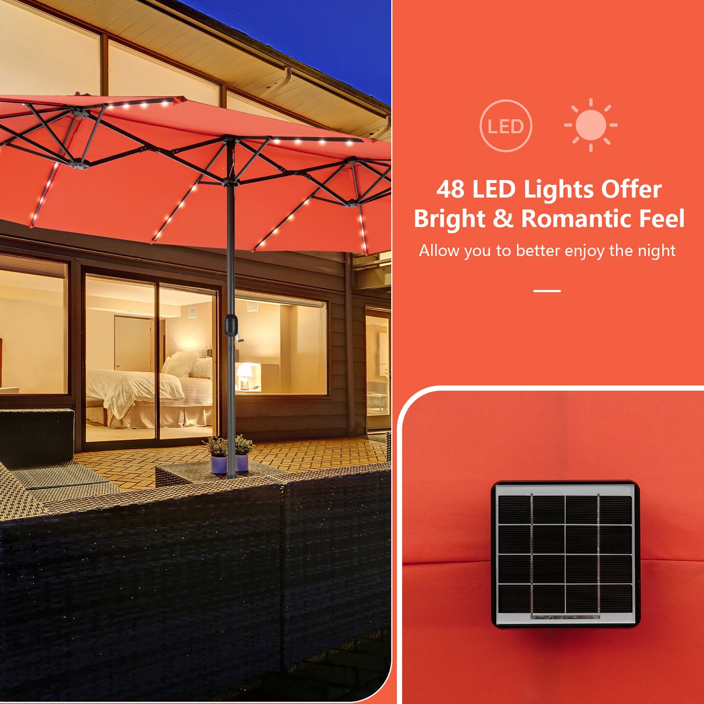 Costway 15FT Twin Patio Double-Sided Umbrella 48 Solar LED Lights Crank Outdoor Wine\Beige\Coffee\Orange\Turquoise