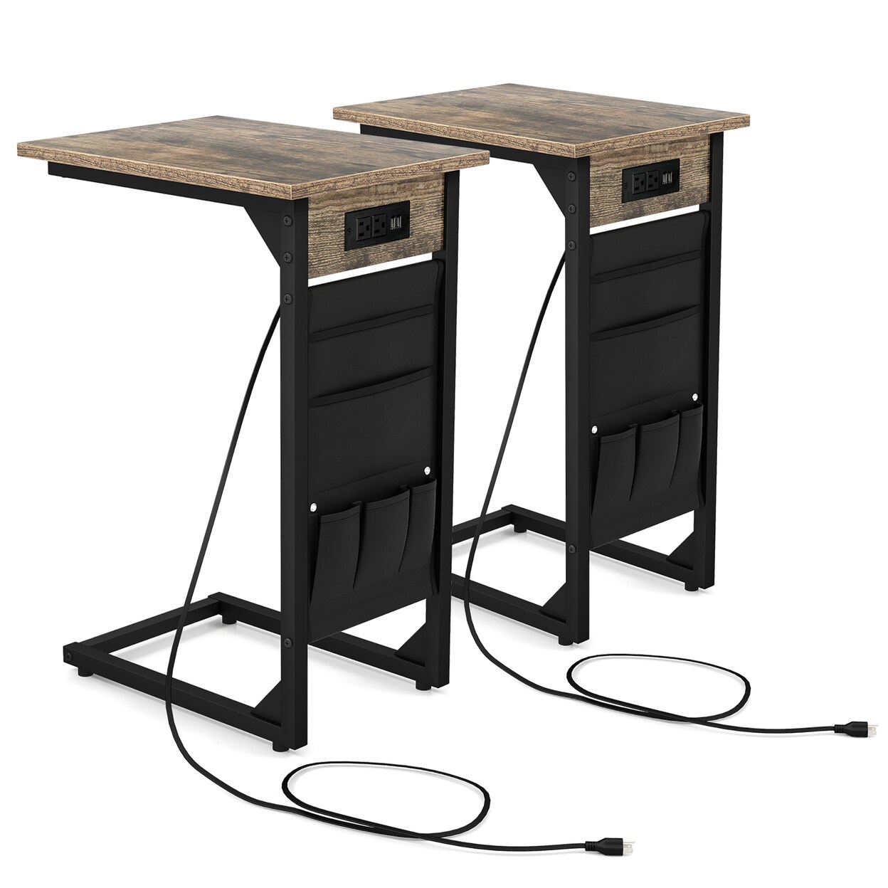 2Pcs C Shaped End Table Sofa Side Table With Charging Station And Side Storage Bag
