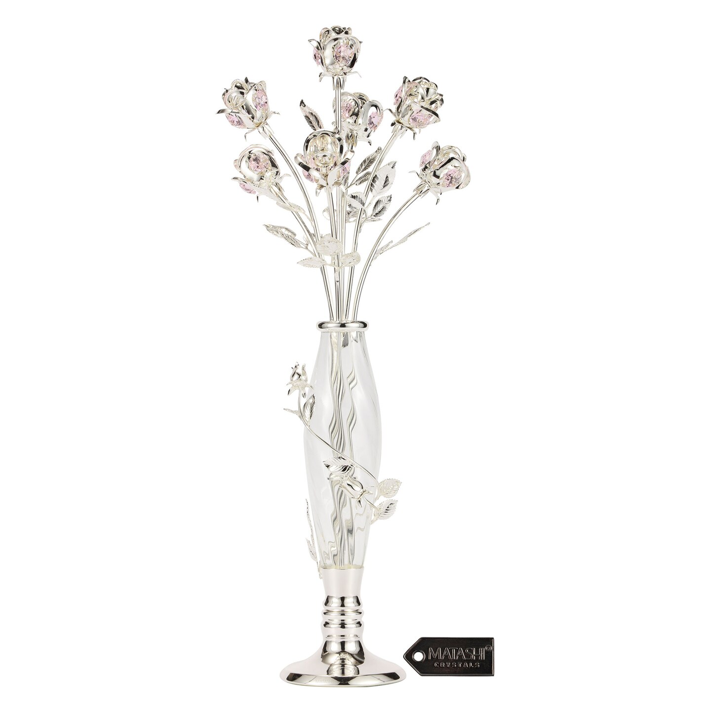 Silver Plated Crystal Studded Rose Bouquet In An Elegant Vase Beautiful Flower Ornament Crafted With Stunning Crystals