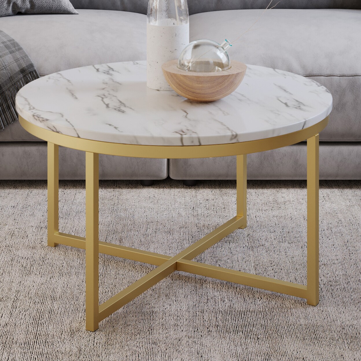 Faux Marble Coffee Table Round 31X18 Metal Base White Gold Modern Accent Home