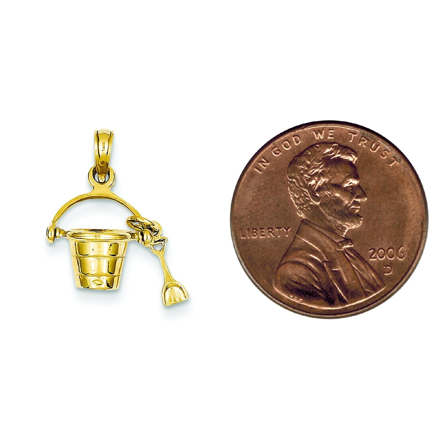 14K Yellow Gold 3D Beach Bucket &#x26; Shovel Charm Pendant Jewerly 21mm x 12mm