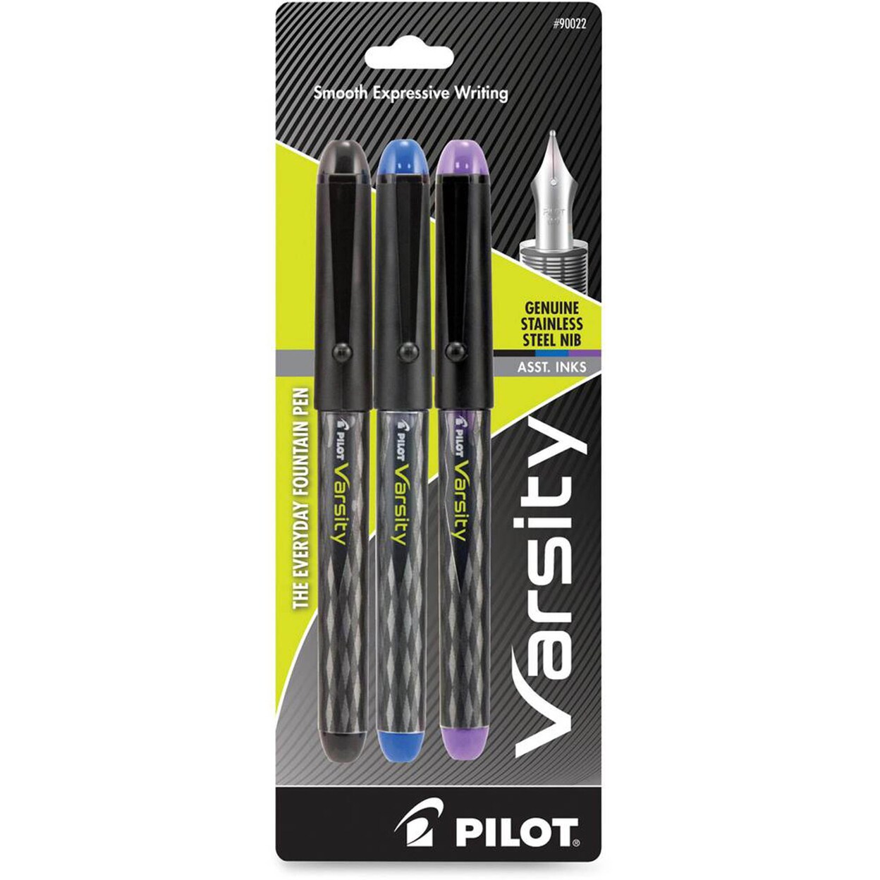 Pilot   Varsity Disposable Fountain Pens - Medium Pen Point - Black, Blue, Purple - Black Barrel