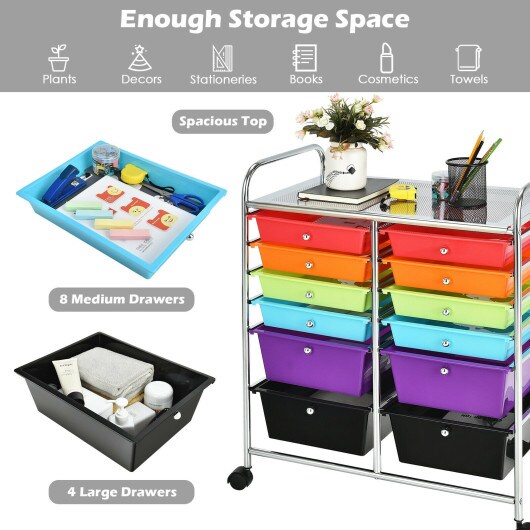 12 Storage Drawer Organizer Bins Rolling Cart with 360&#xB0; Swivel Casters