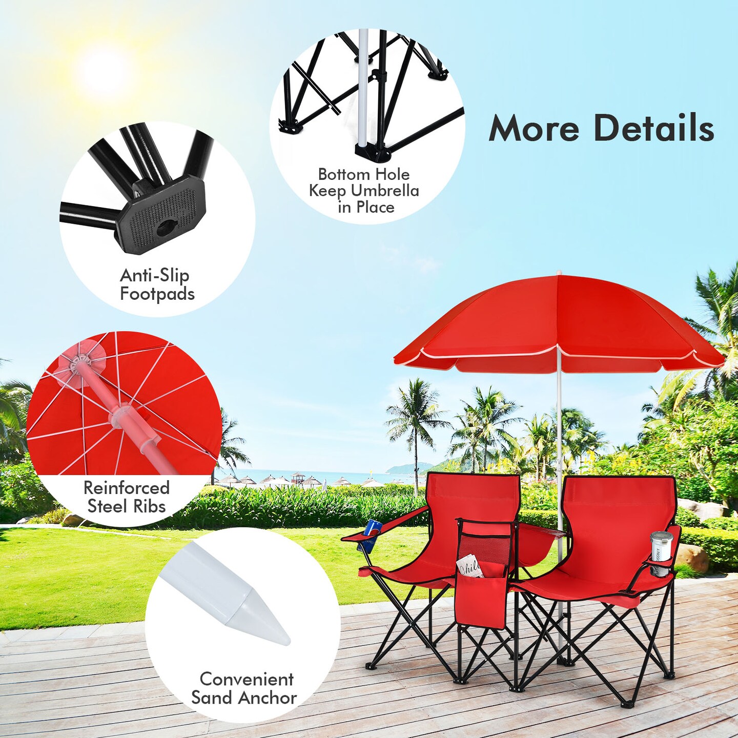 Portable Folding Picnic Double Chair With Umbrella