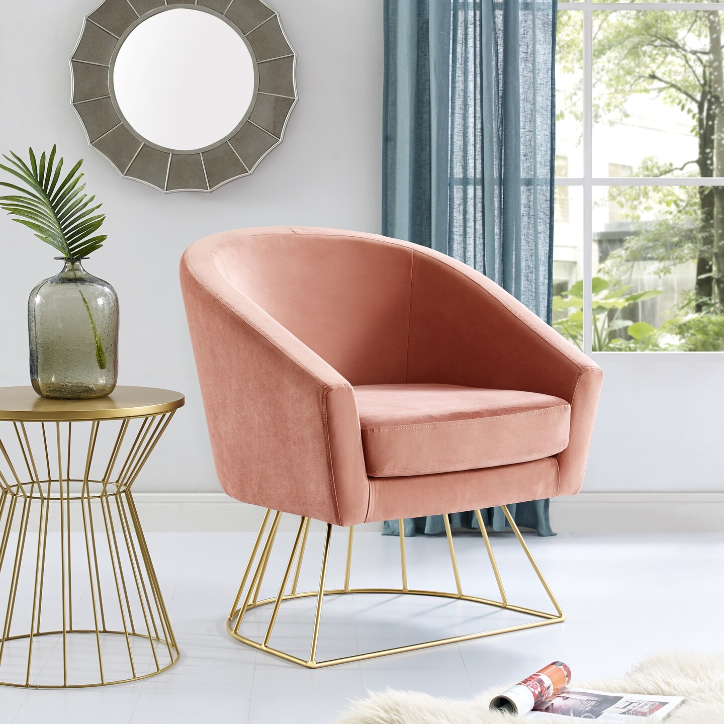 Esmeralda Velvet Modern Contemporary Barrel Accent Chair with Metal Base
