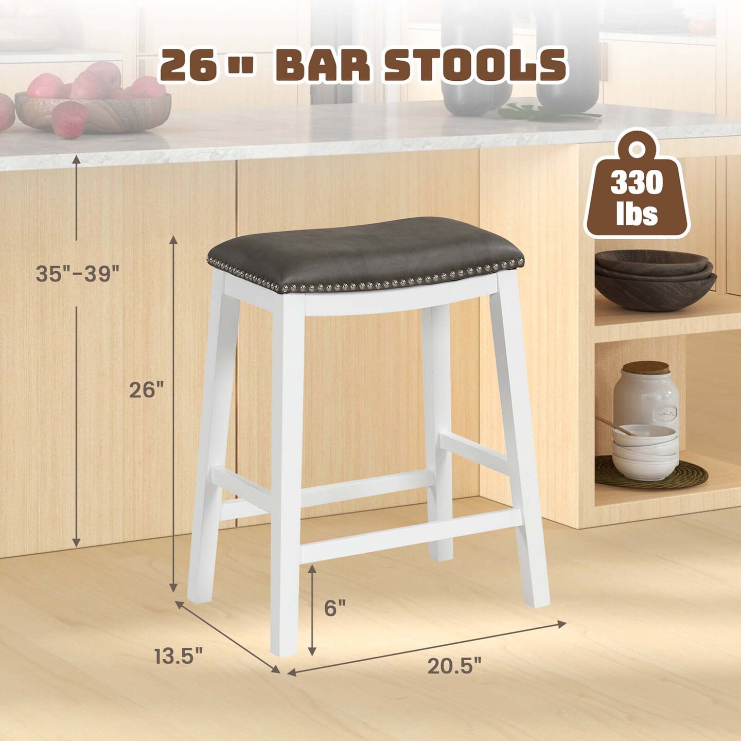 Costway 26-Inch Bar Stool Set of 2 Counter Height Saddle Stools with Upholstered Seat Brown/Black/Gray