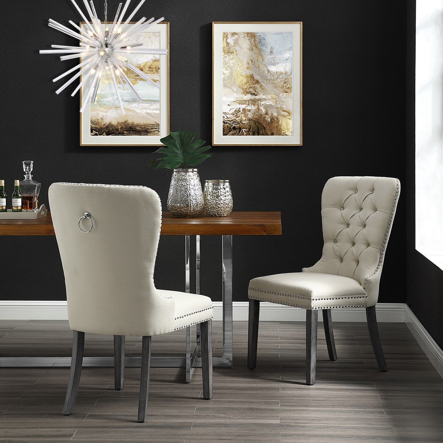 Nevaeh Linen/Velvet Ring Handle Nailhead Dining Chair (Set of 2)