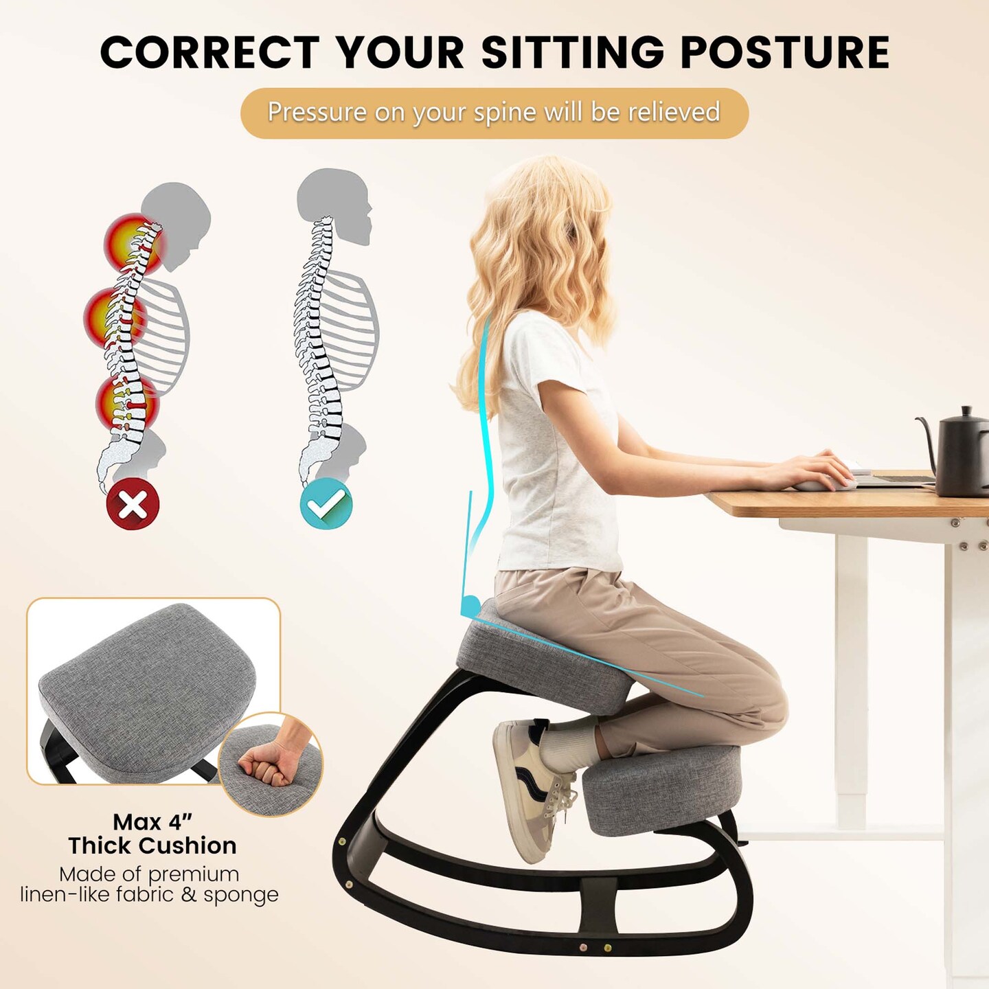 Costway 2 Pcs Rocking Kneeling Chair Ergonomic Posture Correcting