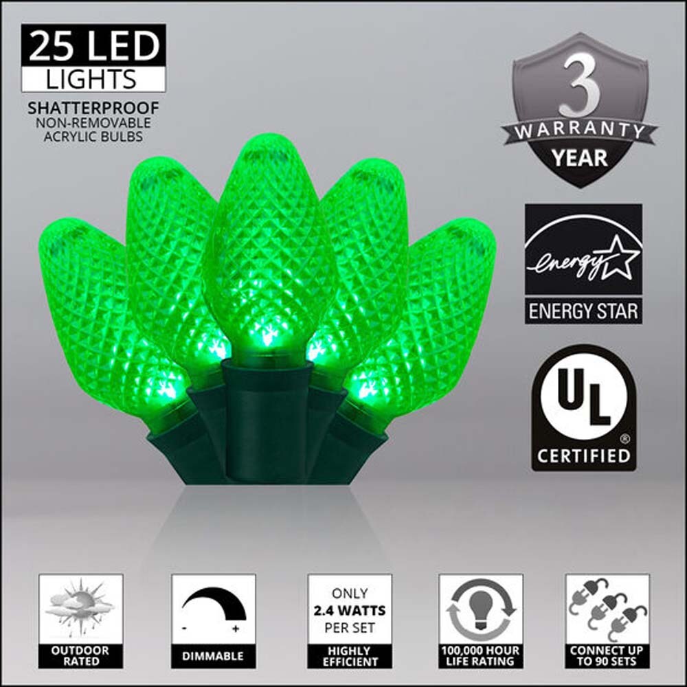 25 Green C7 LED Christmas Lights, Green Wire, 8&#x22; Spacing