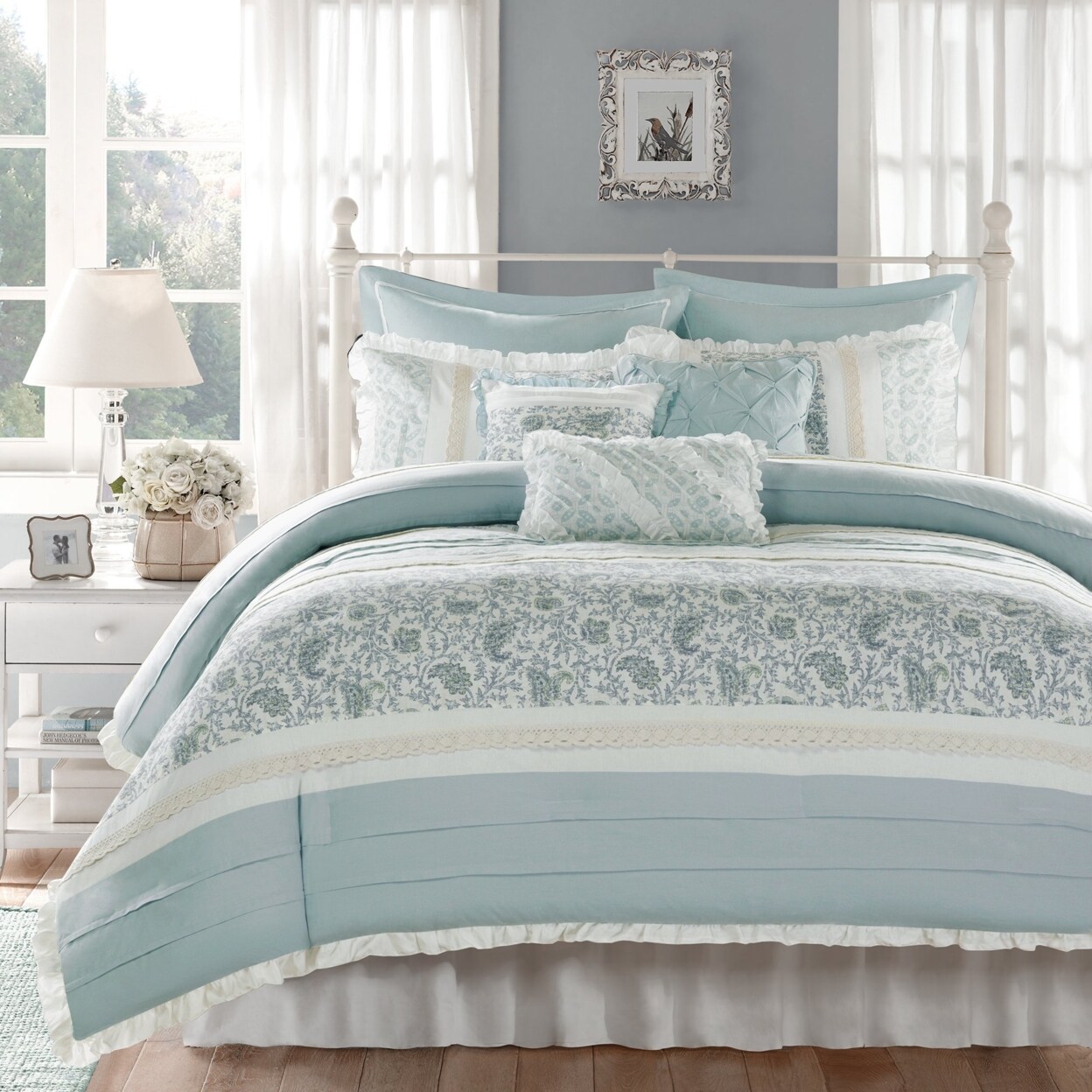 Madison Park Dawn 9 Piece Cotton Percale Comforter Set - Queen - Aqua