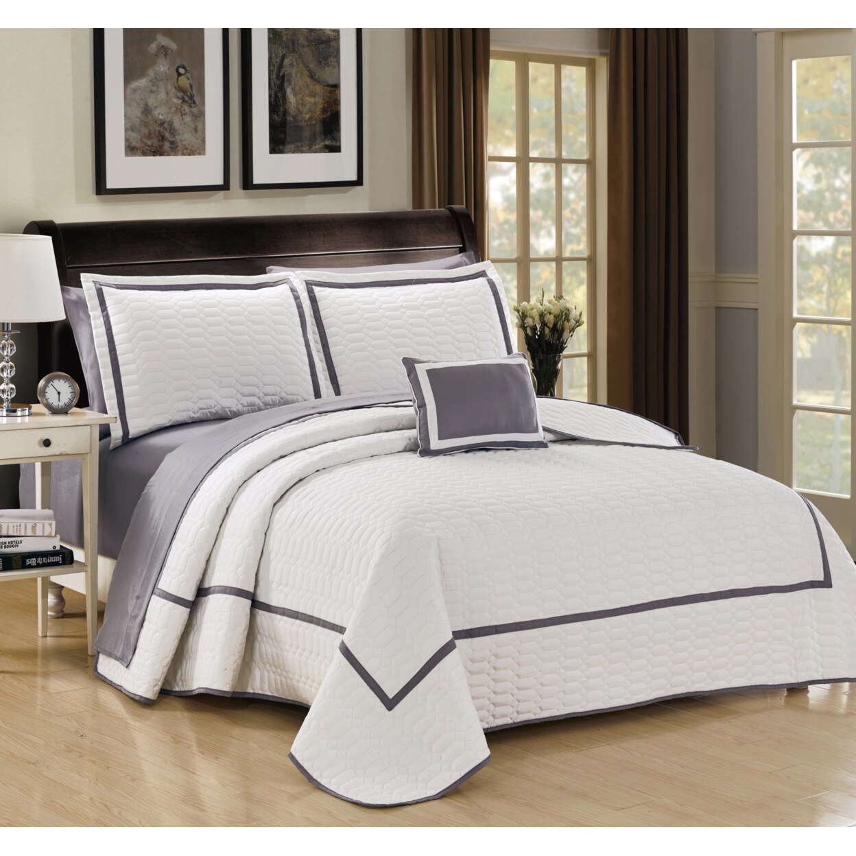 Chic Home 8 Pc. Neal Hotel Collection 2 Tone banded Geometrical Embroidered Quilt in a bag Includes sheets set Shams and