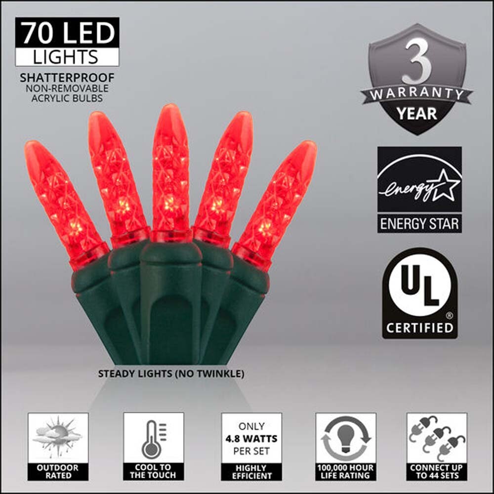 70 Red M5 LED Lights, Green Wire, 4&#x22; Spacing