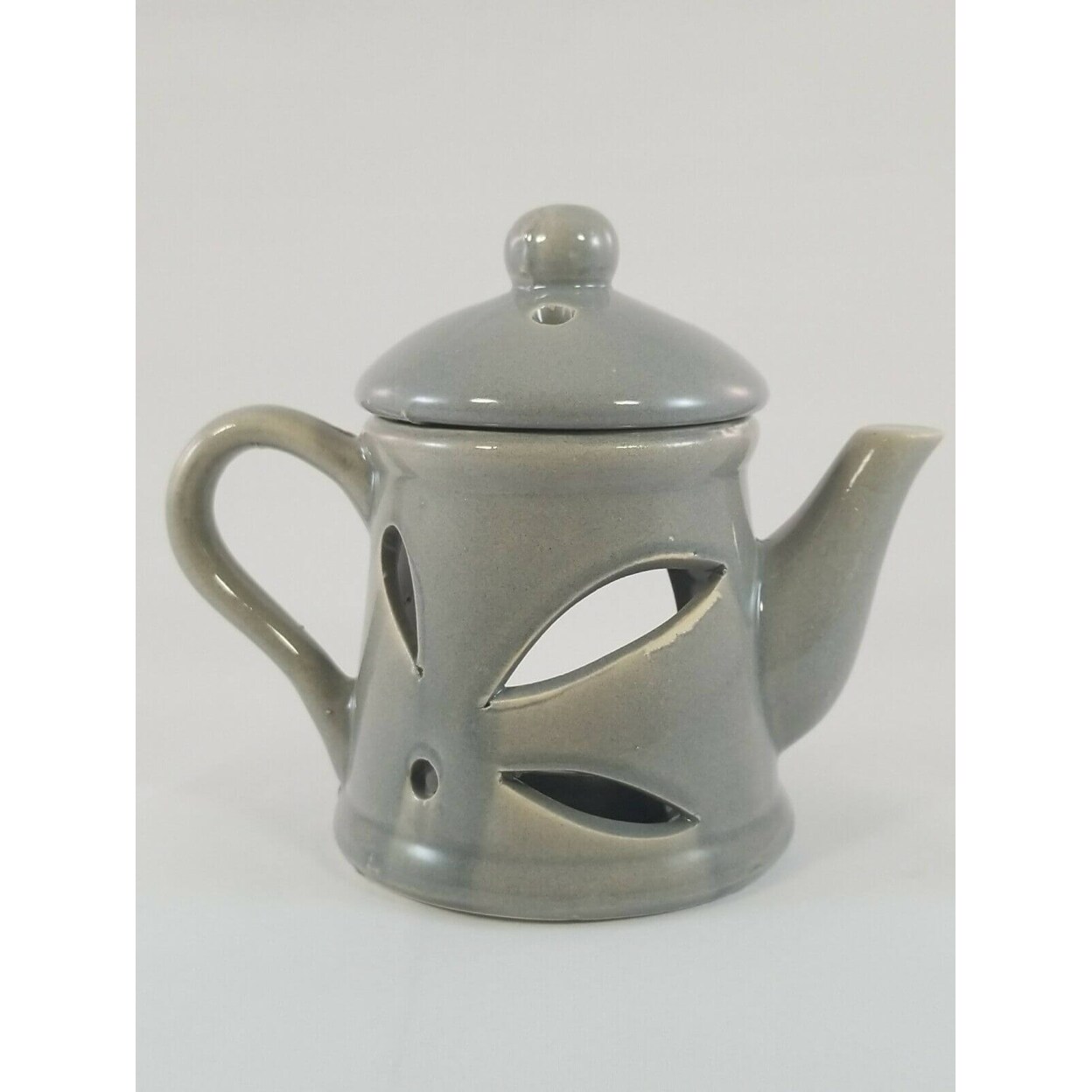 The House of Awareness Ceramic Grey Teapot Oil Warmer with Decorative Cutouts
