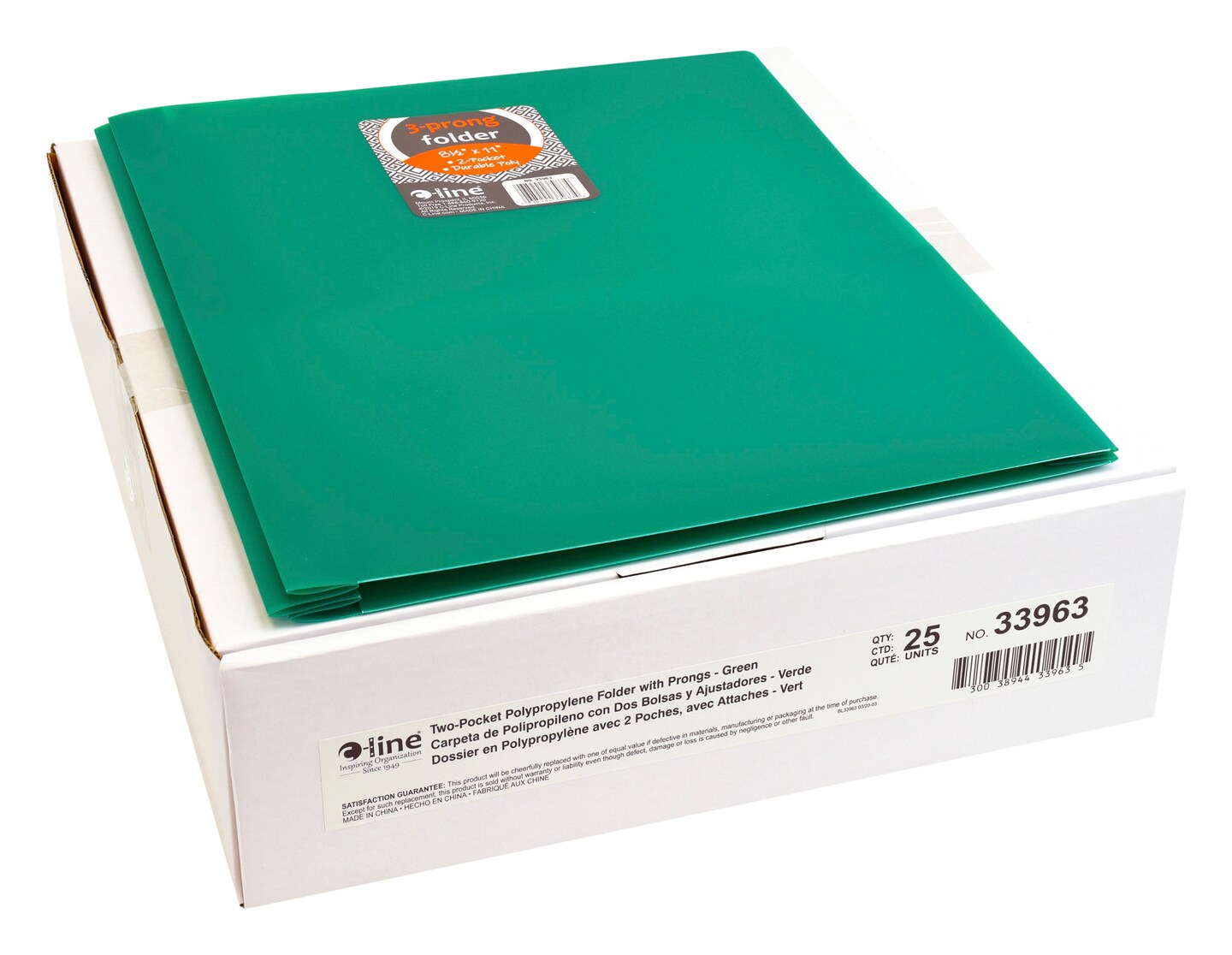 C-Line 2-Pocket Poly Portfolio with Prongs, Green, Pack of 25