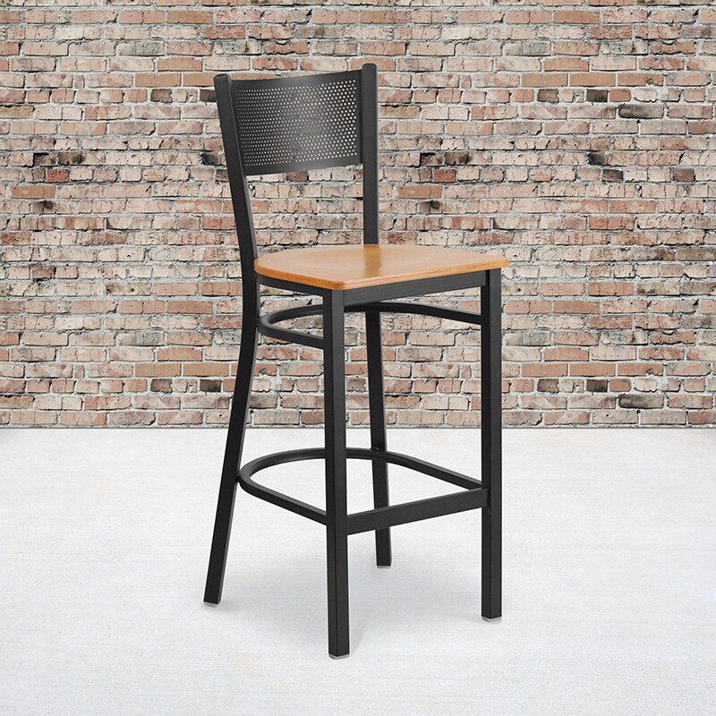 Flash Furniture HERCULES Series Black Grid Back Metal Restaurant Barstool - Natural Wood Seat XU-DG-60116-GRD-BAR-NATW-GG