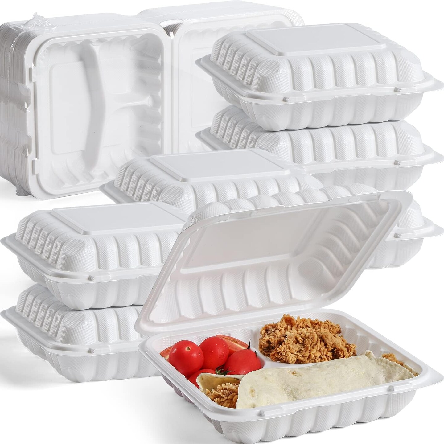 Northlight 150-Count 3-Compartment Hinged White Meal Prep/Take Out Containers - 9&#x22;