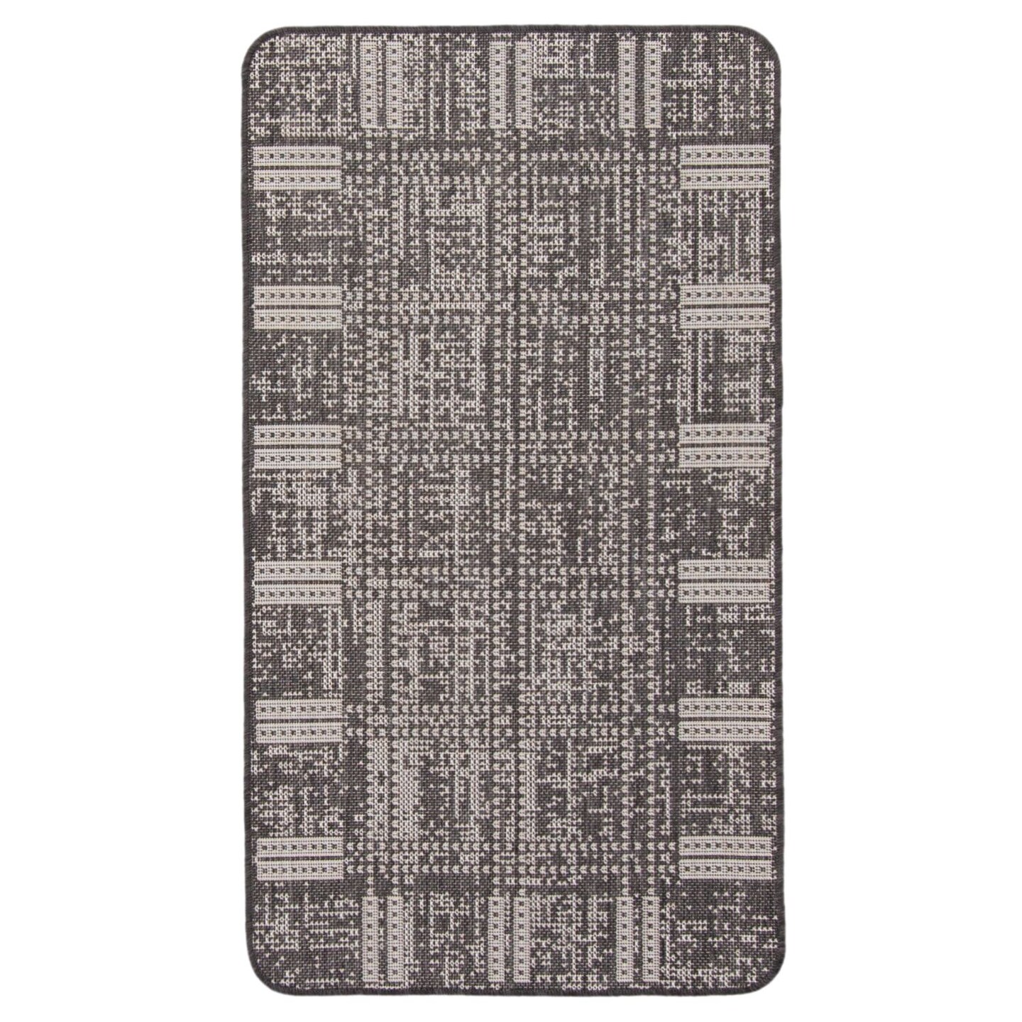 Chaudhary Living 2&#x27; x 4&#x27; Bordered Indoor Outdoor Area Throw Rug - Black and Gray