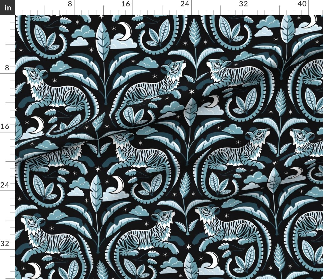 Tiger Damask Dramatic Maximalist Night Sky Dark Jungle Tropical Black Light Blue Custom Printed Fabric by Spoonflower Various Fabrics by the Yard or Fat Quarter